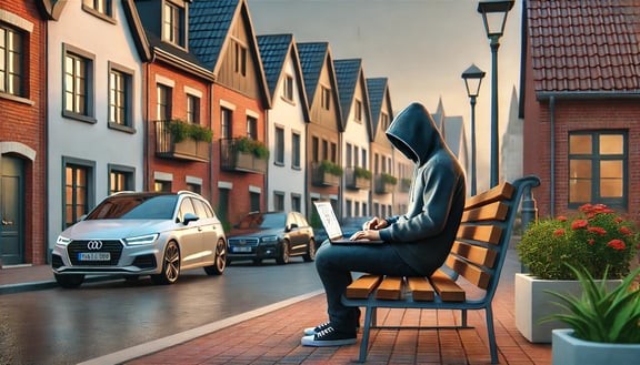 DALL·E 2025-03-05 13.43.16 - A realistic scene of a modern residential street in Germany, featuring contemporary houses and parked cars. On a park bench, a person wearing a hoodie